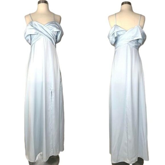 LPA Shirred Cross Front Gown Blue Maxi Dress Size Small Front Slit Ruched Sz S - Picture 2 of 14